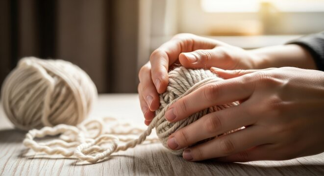 Close-up of hands knitting with yarn on a wooden table indoors. - Powered by Adobe
