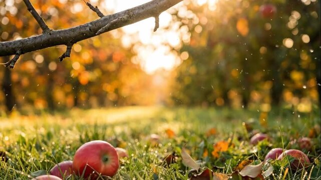 A red apple falling from a tree in slow motion. Ripe fruit landing on wet grass with a splash in an autumn orchard. Harvest and nature concept
