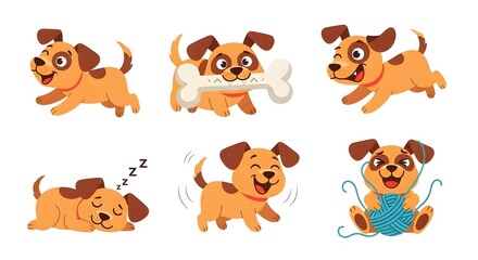 Set collection of cute and funny dog clip art illustrations in various artistic styles, isolated on a clean white background