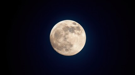 Fototapeta premium A full moon illuminated in the night sky, with a dark blue background and a few scattered clouds.