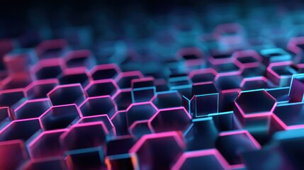 Obraz premium A vibrant, abstract digital art piece featuring a grid of hexagonal shapes in shades of pink and blue, with a futuristic, cyberpunk aesthetic.