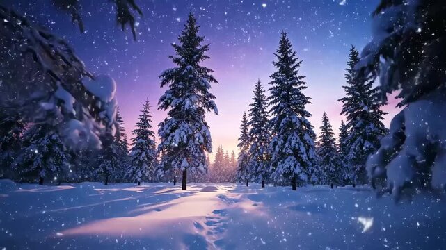 Snowy Winter Evening in Forest - A beautiful winter forest scene is depicted with snow-covered pine trees and a path through the snow.