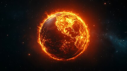Burning earth globe with visible continents surrounded by flames in outer space view image
