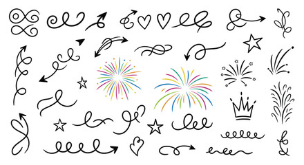Naklejka premium Hand-drawn doodle elements collection featuring diverse arrows, decorative swirls, hearts, stars, festive fireworks, and a crown, ideal for creative projects.