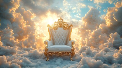 A gilded throne sits atop fluffy clouds bathed in sunlight against a blue and cloudy sky backdrop