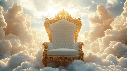 A golden ornate throne sitting atop fluffy white clouds bathed in sunlight from above in the sky