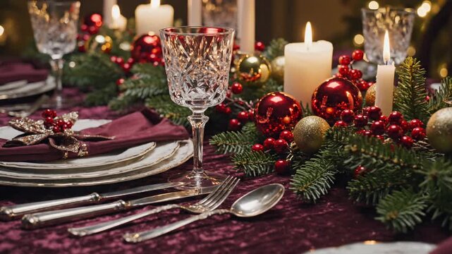 Elegant Christmas Dinner Table Setting with Candles and Festive Decorations.