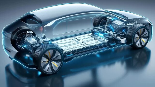 A highly detailed rendering of an electric vehicle showcasing its internal components and battery system