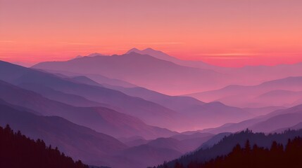 Obraz premium Layered mountain ranges display soft purple and pink hues during a tranquil sunset