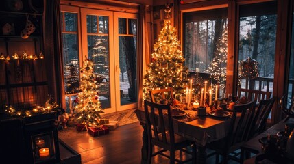 Cozy Christmas Eve Celebration with Friends and Family, Twinkling Lights and Festively Decorated Pine Tree, Embracing Holiday Warmth and Joy