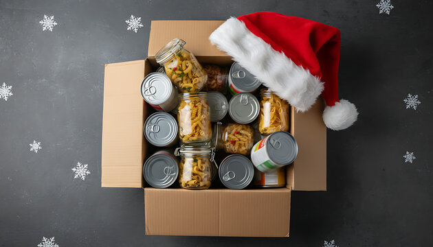 Cardboard box with pasta jars, canned goods and Santa hat. Food items for charity donation this holiday season. Christmas gift aid for needy families .Holiday Food Donation & Charitable Aid - Powered by Adobe