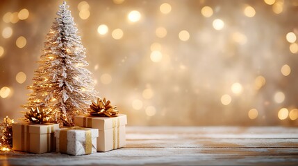 Decorated christmas tree with gifts and golden bokeh lights on wooden table background for holiday season