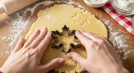 Hands cutting out a star-shaped cookie from dough on a floured surface