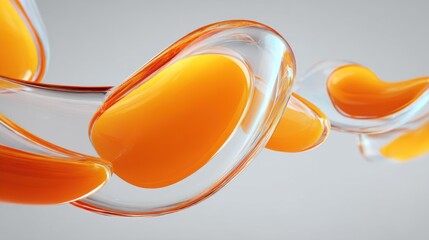 Glass-like abstract shapes with orange and transparent elements, floating in a neutral gray space with subtle reflections.