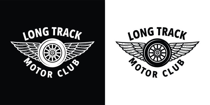 Vintage long track motor club emblem with wings and wheel, presented in both black on white and white on black versions for versatile design use