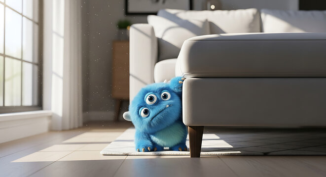 Fuzzy three-eyed blue monster peeking under modern sofa sunlit room