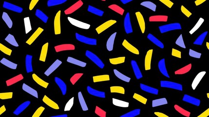 Obraz premium A vibrant, abstract pattern featuring colorful, curved shapes scattered against a black background, creating a playful and energetic visual effect.