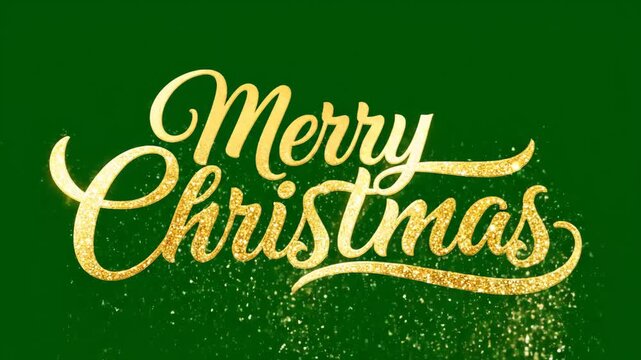 Merry Christmas Golden Text on Green - This video features the phrase "Merry Christmas" in a golden, sparkling script font against a solid green background.