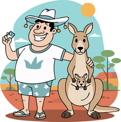 Australian tourist with kangaroo and a joey. Modern clean vector illustration of a cheerful tourist in hat with corks and a friendly kangaroo with joey. Australian tourism, travel background.