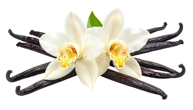 Vanilla blossoms & beans on black ground, close-up