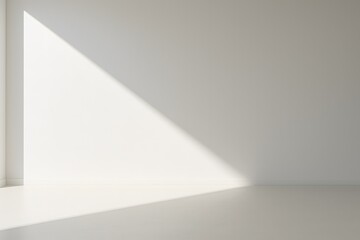 Obraz premium Bright high-key studio with strong directional sunlight, sharp long diagonal shadow, seamless white wall, and ultra-clean advertising background.