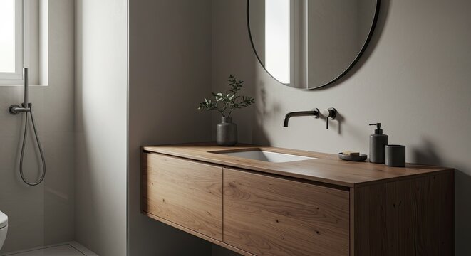 Modern bathroom design with sleek wooden vanity and minimalist decor for a serene spa-like experience at home, perfect for showcasing elegant home interiors and design trends