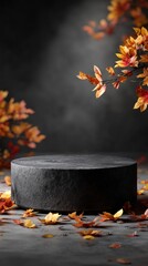 A dark circular pedestal surrounded by vibrant autumn leaves, creating a dramatic contrast against a blurred background.