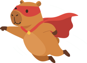 Adorable capybara hero soaring through the sky with its red cape