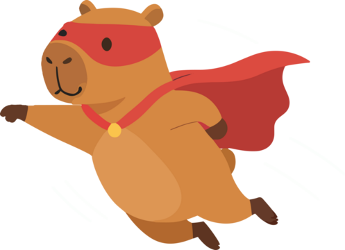 Adorable capybara hero soaring through the sky with its red cape