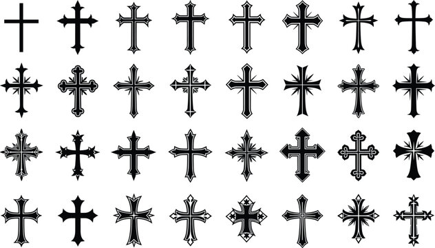 Large Variety Pack of Detailed Religious Crosses Vector Icons for Spiritual and Tattoo Designs