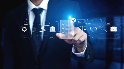 The process of ensuring regulatory compliance and finalizing business legal agreements. A concept of meeting standards, due diligence, and contracts. Motif