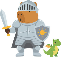 Heroic Capybara in Shining Armor Accompanied by Tiny Dragon