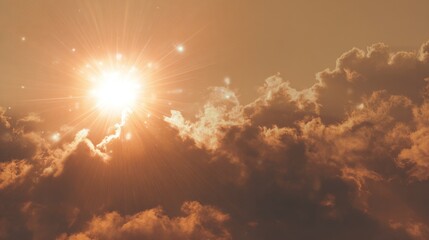 Fototapeta premium A radiant sun shines through fluffy clouds, creating a dramatic interplay of light and shadow in a warm, golden atmosphere.