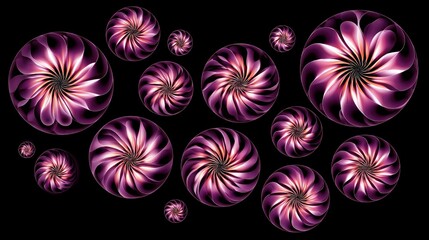 A collection of abstract, swirling, iridescent purple orbs of varying sizes against a stark black background, creating a mesmerizing visual effect.