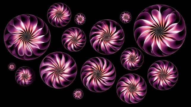 A collection of abstract, swirling, iridescent purple orbs of varying sizes against a stark black background, creating a mesmerizing visual effect.