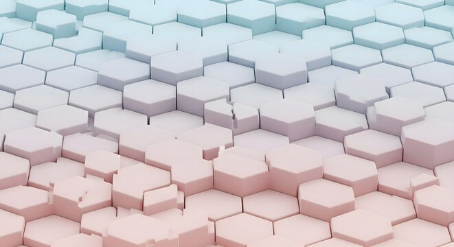 Dynamic 3D abstract hexagonal pattern background with a captivating gradient from cool blue to soft pink, creating a modern digital texture for technology and design projects
