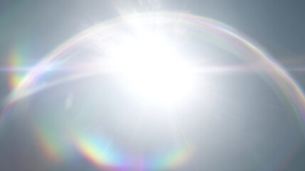Naklejka premium A bright sunburst with colorful lens flares and a soft halo effect, creating a luminous and ethereal atmosphere.