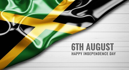 Jamaica flag waving, happy independence day text, august 6th
