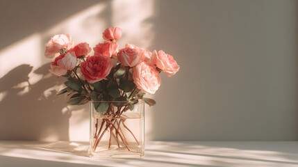 Cluster of pink roses sits in a clear square glass vase bathed in warm, directional sunlight