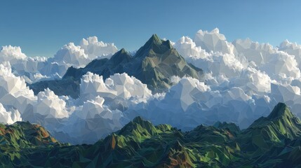A vast, polygonal mountain range with jagged peaks and lush green valleys, surrounded by a sea of white clouds under a clear blue sky.