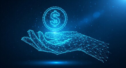 Digital hand holding dollar coin, financial technology concept