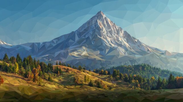 A majestic mountain peak with snow-capped peaks, surrounded by a forest of evergreen trees and a meadow with autumn-colored grass and trees, under a clear blue sky with a few scattered clouds. - Powered by Adobe