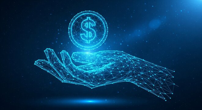 Digital hand holding dollar coin, financial technology concept