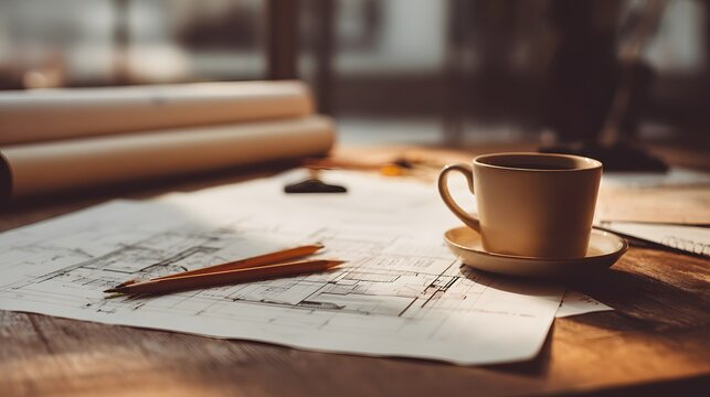 Warm beverage rests beside drafting tools and rolled documents on a wooden surface during daylight hours.