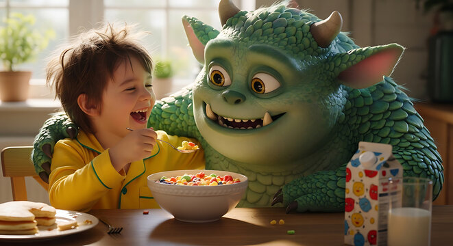 Child sharing cereal friendly green monster breakfast table