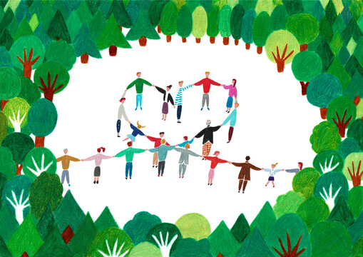 手描きイラスト　木々の中でハート型に手をつなぐ人々