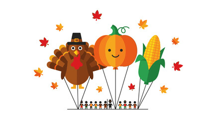 Thanksgiving parade with giant balloons of a turkey, pumpkin, and corn, surrounded by autumn leaves and small parade participants.