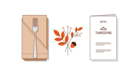 Thanksgiving-themed image featuring a folded napkin with a fork, a floral arrangement, and a menu.