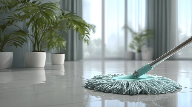 Household floor cleaning activity demonstrated with a mop on polished tile surface indoors