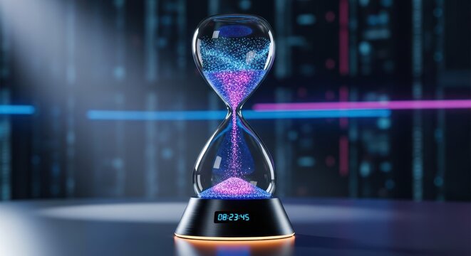 Hourglass with purple sand on a digital - Powered by Adobe